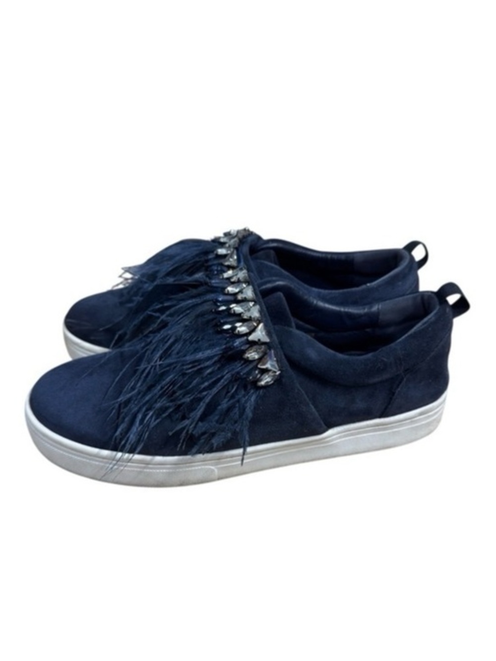 Sam Edelman Lelani Suede Feather Embellished Slip-On Sneakers Navy Size 9